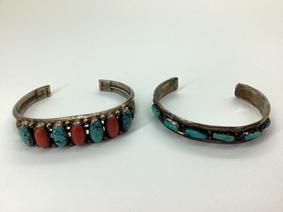 Lot 147 - A Mexican Style Turquoise and Coral Bangle,...