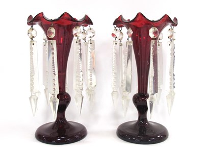 Lot 1264 - A Pair of Cranberry Glass Lustres with Trumpet-...