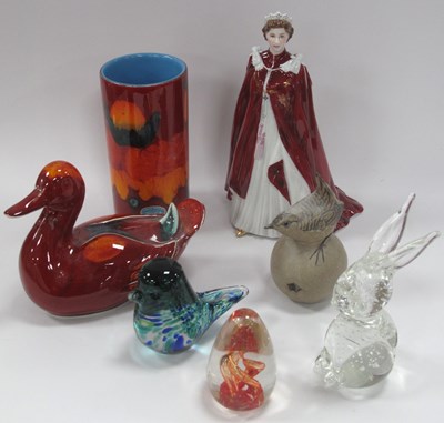 Lot 1199 - Poole Pottery Duck, bird on apple and cylinder...