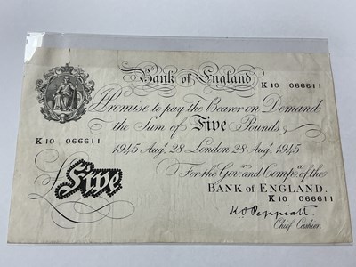 Lot 490 - 1945 Bank Of England White £5 Banknote, chief...