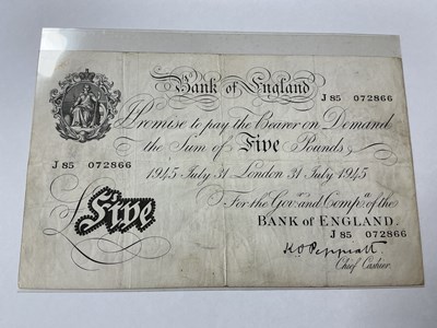 Lot 491 - 1945 Bank Of England White £5 Banknote, chief...
