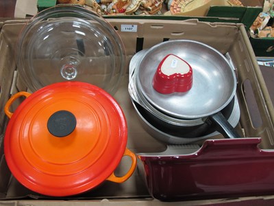 Lot 1107 - Cookware, including Le Creuset burgundy square...