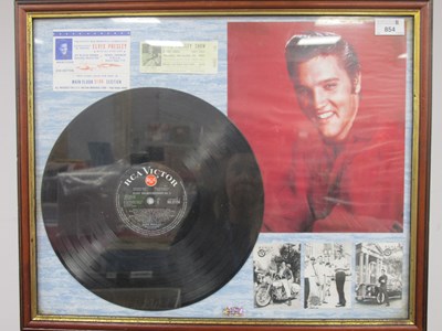 Lot 854 - Framed Elvis Presley LP, ticket stubs and photos.