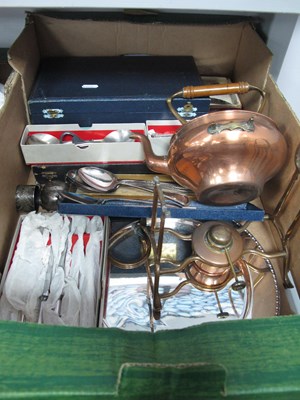 Lot 1131 - Metalware, including copper spirit kettle on...
