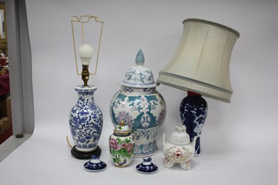 Lot 1297 - Oriental - Ginger jar, two table lamps, teapot,...