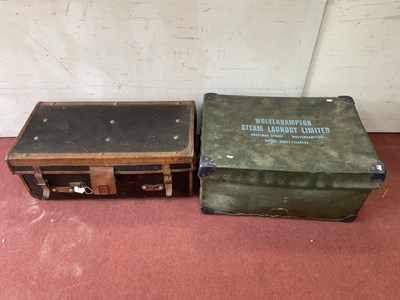 Lot 1525 - Leather Bound Blackened Hessian Travel Trunk,...