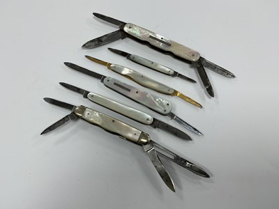 Lot 402 - Six Mother Of Pearl Folding Pocket Knives,...