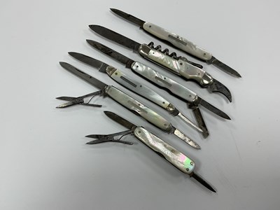 Lot 408 - Six Multi Blade Folding Pocket Knives, mother...