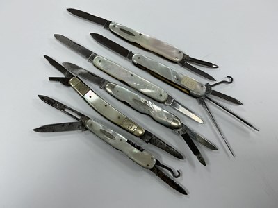 Lot 410 - Six Mother Of Pearl Multi Blade Folding Pocket...