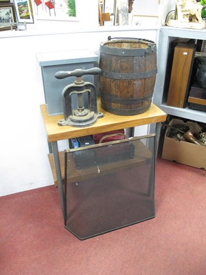 Lot 1396 - Cast Iron Table Top Press, coopered oak bucket,...