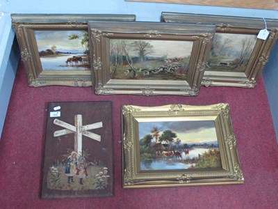 Lot 1452 - F. Clinton? Cattle Wtering pair of oils on...