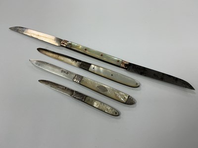 Lot 498 - Four Folding Knives, fruit knife, silver and...