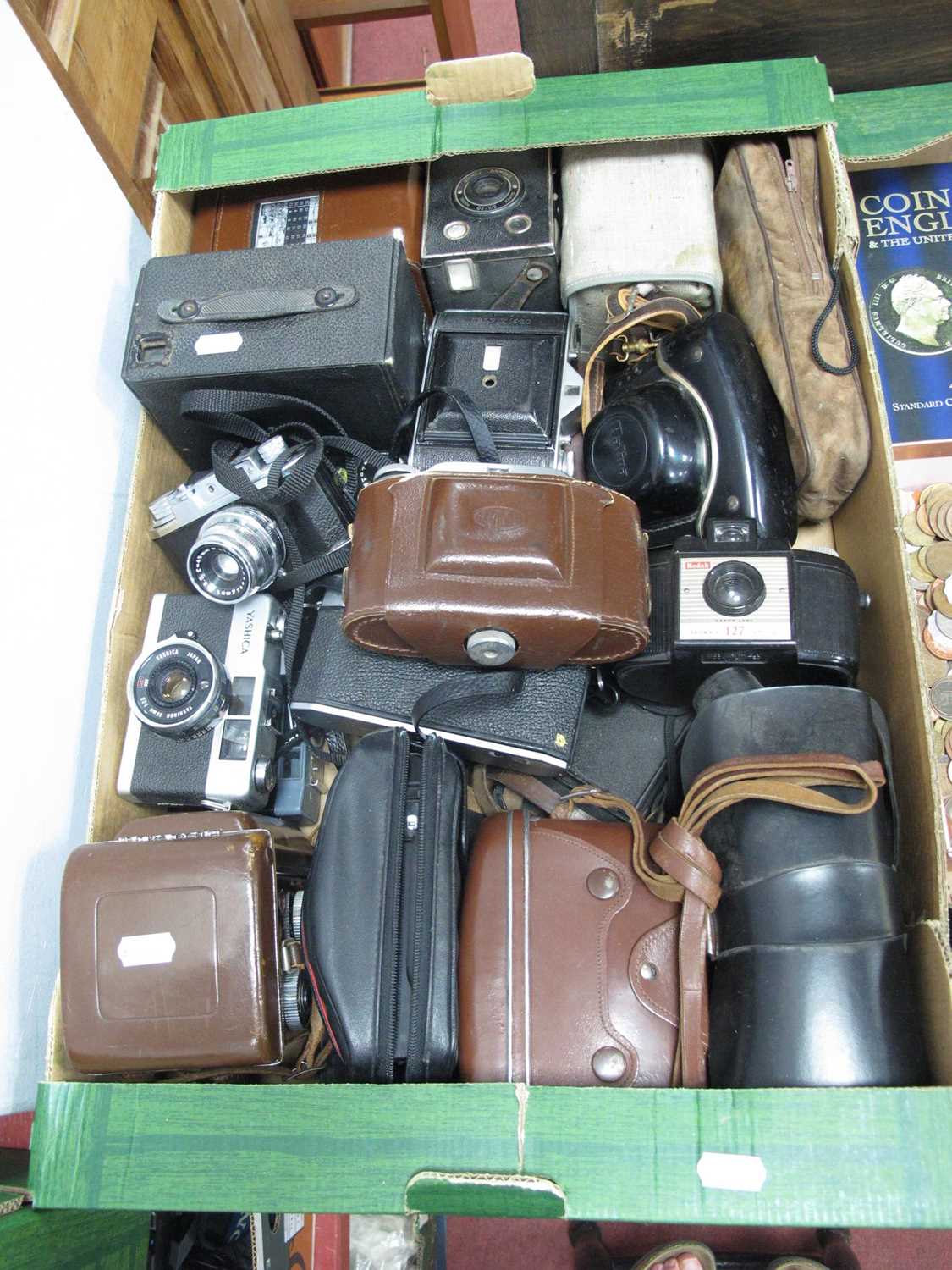 Lot 1052 - Mixed cameras, including film cameras, folding...