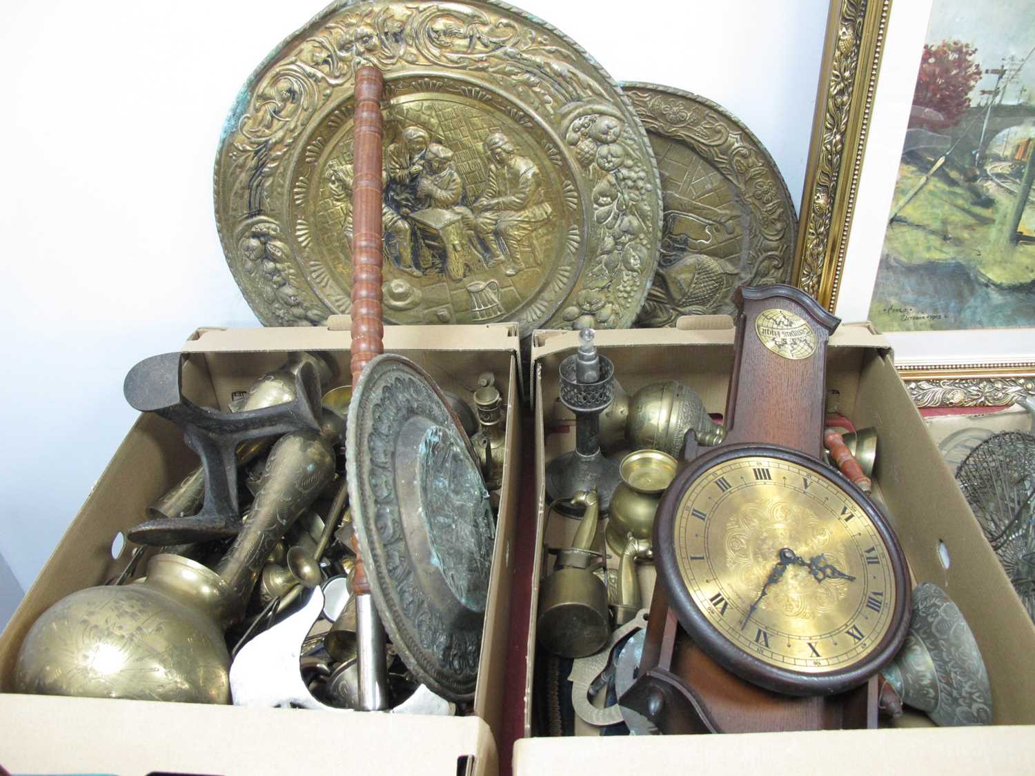 Lot 1041 - Brassware, wall clock, wall piece axe, shoe...