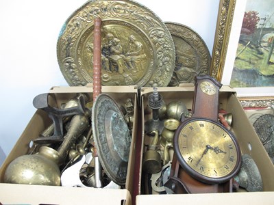 Lot 1041 - Brassware, wall clock, wall piece axe, shoe...