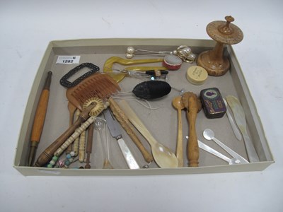 Lot 1282 - Treen Pastry Crimpers, hat pin stand and pins,...