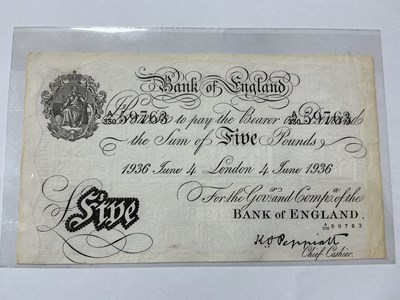 Lot 492 - 1936 Bank Of England White £5 Banknote, chief...