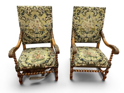 Lot 1446 - A Pair of XVII Century Style Walnut Armchairs,...