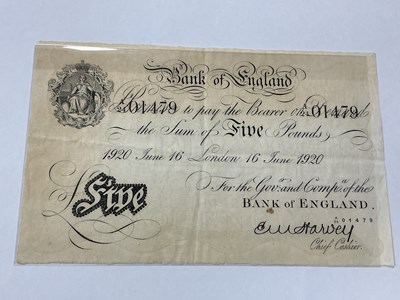 Lot 493 - 1920 Bank Of England White £5 Banknote, chief...