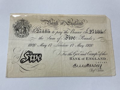 Lot 494 - 1920 Bank Of England White £5 Banknote, chief...