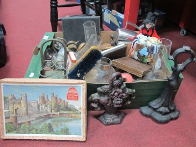 Lot 1044 - Cast iron door stops, brushes, glass funnels,...