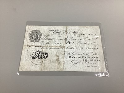 Lot 336 - 1949 Bank Of England White £5 Banknote, chief...