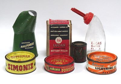 Lot 1411 - Vintage Halfords Oil Can, Lucas battery filter,...