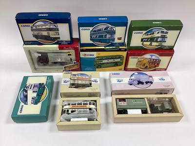 Lot 681 - Nine diecast model buses, tram and commercial...