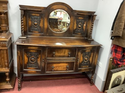 Lot 1566 - 1920's Oak Sideboard, with circular mirror to...