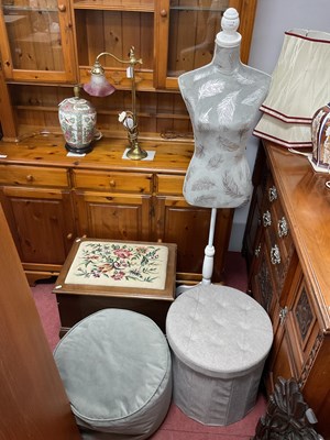Lot 1523 - Fabric Covered Mannequin, grey pouffe, storage...