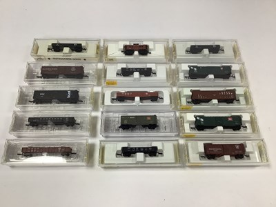 Lot 713 - Fifteen boxed Z scale American freight wagons...