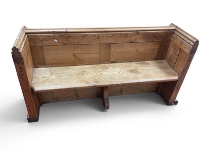 Lot 1460 - Pitch Pine Bench with shaped top rail, shelf...