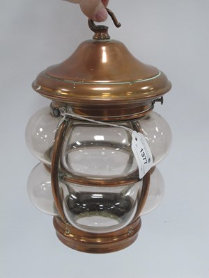 Lot 1377 - Copper Framed Hall Lamp with glass double bulb...