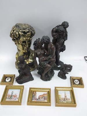 Lot 1349 - Sculptures and miniature pictures, including a...