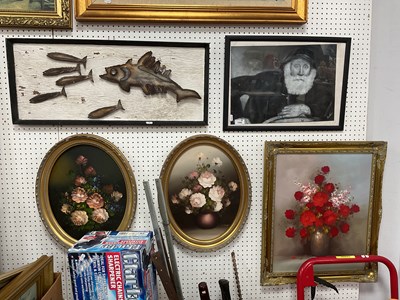 Lot 1446 - Framed artworks and metal wall sculpture,...