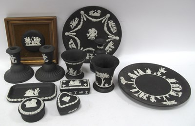 Lot 1205 - Wedgwood Black Jasper Ware Candlesticks, 10cm...