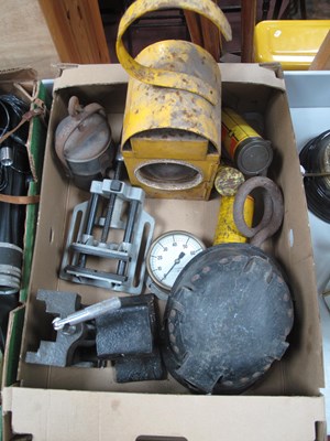 Lot 1063 - Two Vices, helmet lamp, gauges, tyre repair...