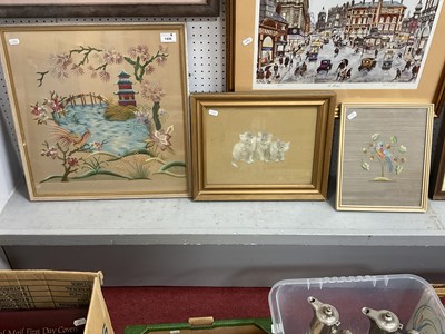 Lot 1435 - Embroidered Pictures - three white kittens, in...