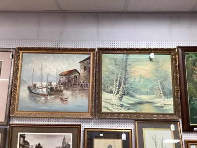 Lot 1417 - W. Jones, Moored Fishing Boats, oil on board,...