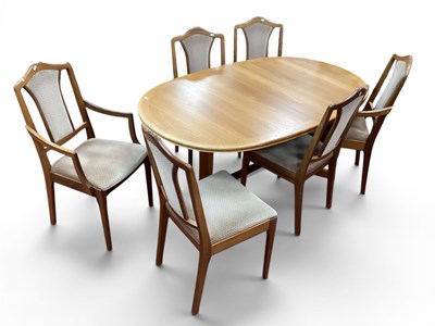 Lot 1483 - Mid Century Dining Table, Chairs, (two arms,...