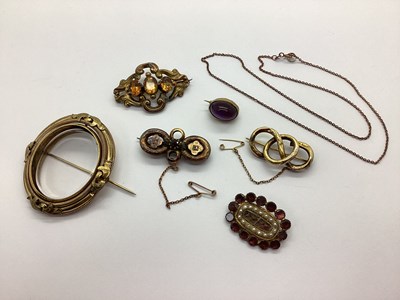 Lot 131 - Antique Garnet and Pearl Set Hair Work...