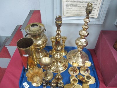 Lot 1267 - Brassware, including lamp bases, oil lamp base,...