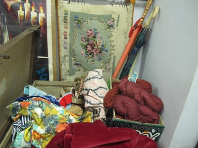 Lot 1038 - Vintage Quilt, aprons, scarf, etc, in a case,...