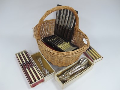 Lot 1207 - Cased Plated Cutlery, in a wicker basket