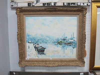 Lot 1407 - Winter harbour scene, oil on canvas, signed...