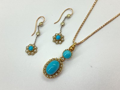 Lot 102 - An Antique Turquoise and Seed Pearl Drop...