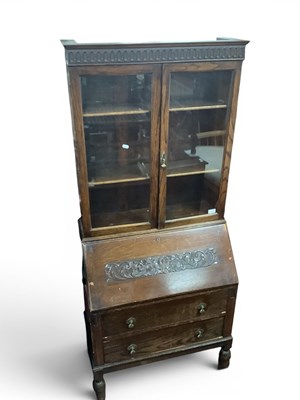 Lot 1447 - 1930s Oak Bureau Bookcase with glazed doors...