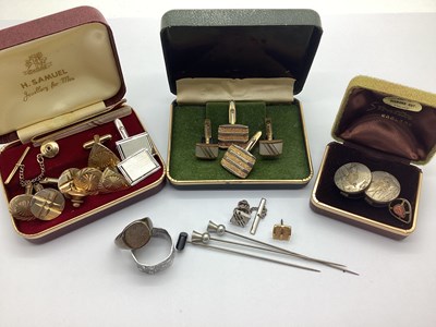 Lot 166 - Assorted Cufflinks, tie pins, a signet ring,...