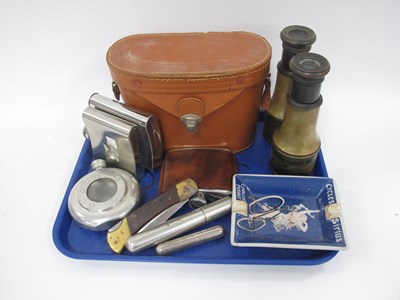 Lot 1421 - Lemair Paris Binoculars, four hip flasks,...