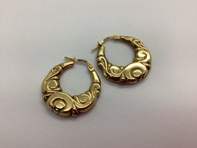 Lot 66 - A Pair of 9ct Gold Textured Creole Hoop Earrings.